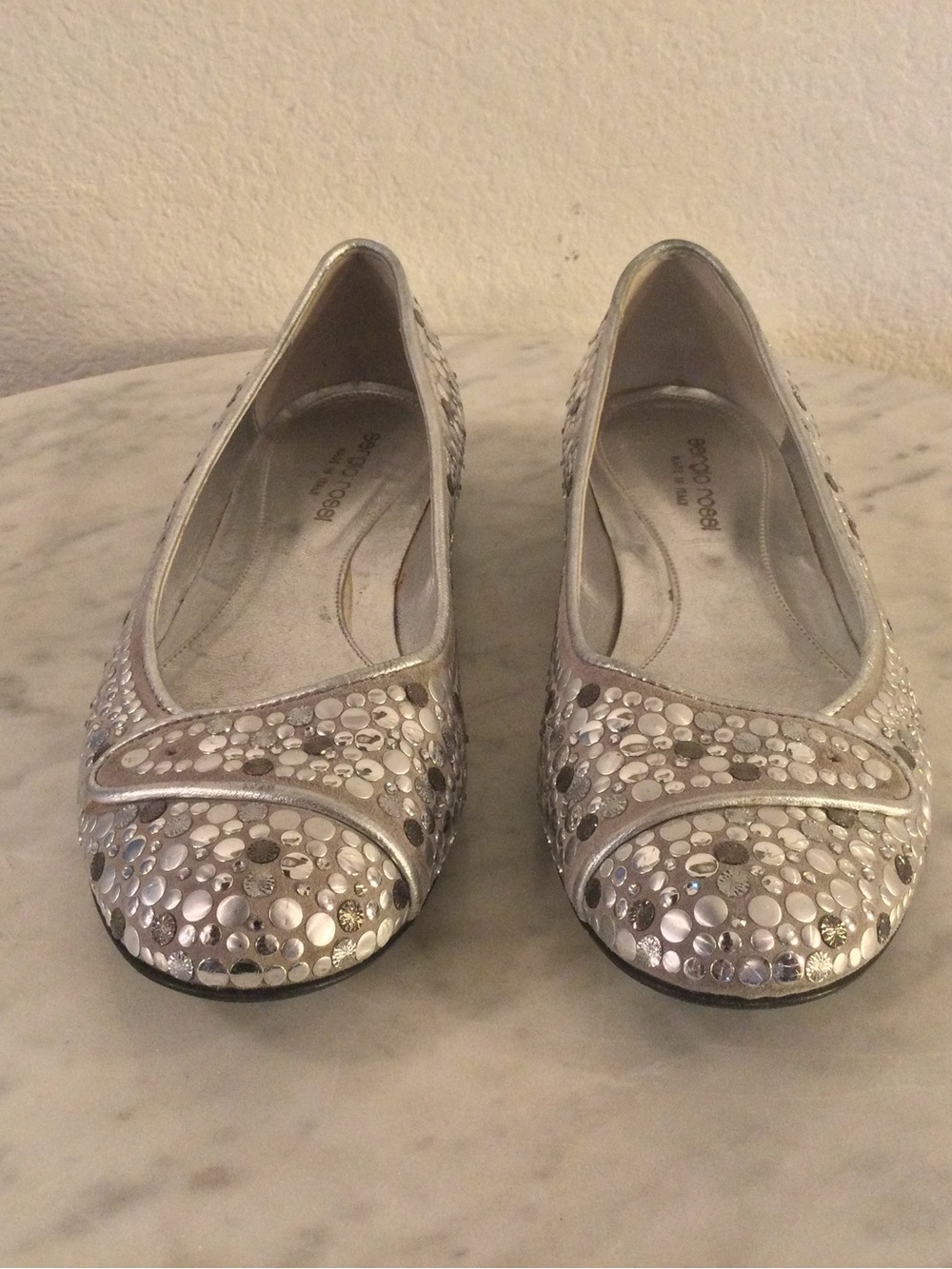 Sergio Rossi Silver Embellished Leather Flats Sz 37 1/2